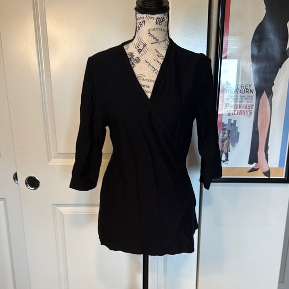 Eileen Fisher Black Crepe 3/4 Sleeve Wrap Front Stretch Elegant Black Wr… - Picture 1 of 9